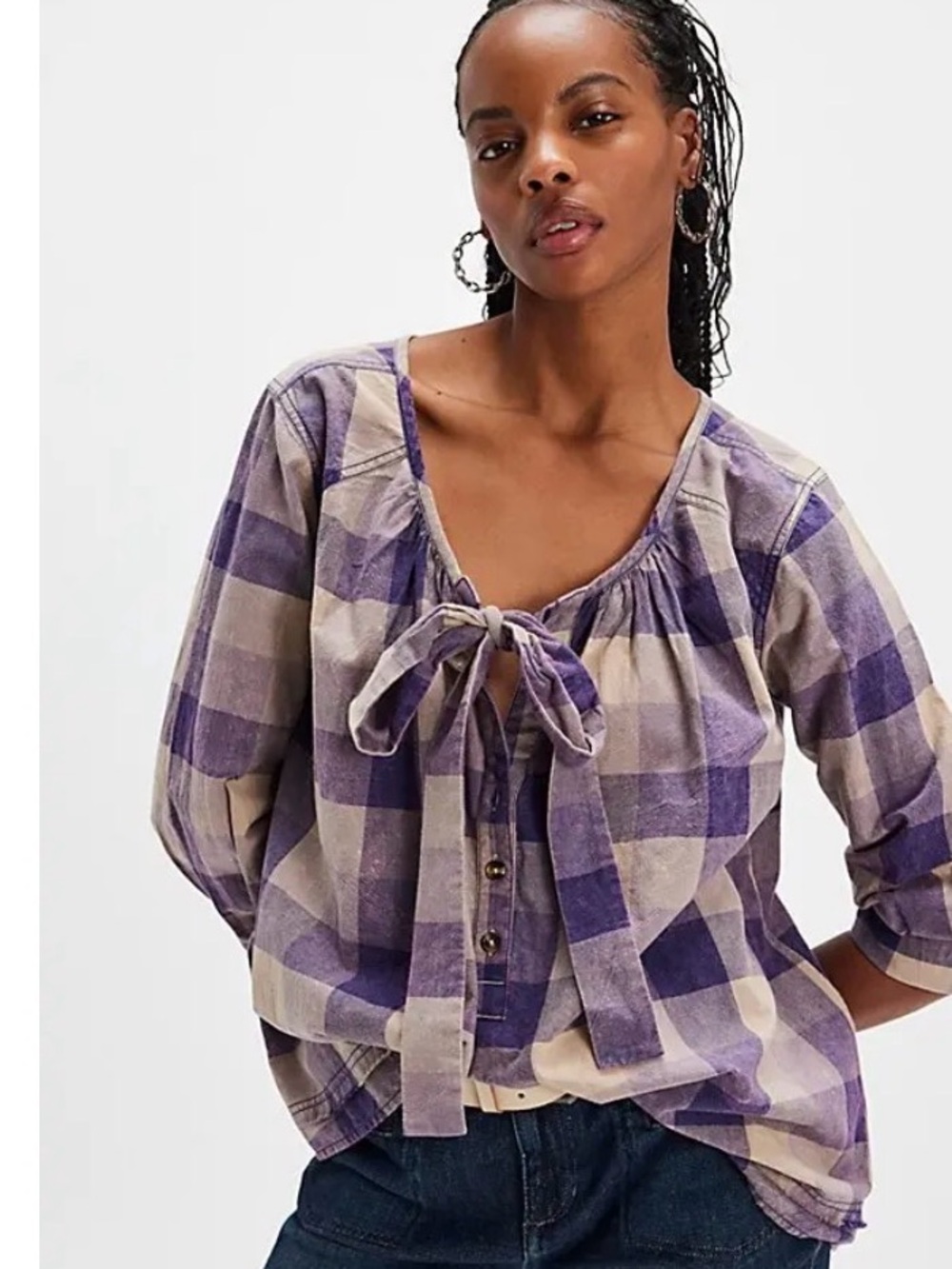 💜Free People We The Free Big Bow Plaid Pullover nwt , sz xs